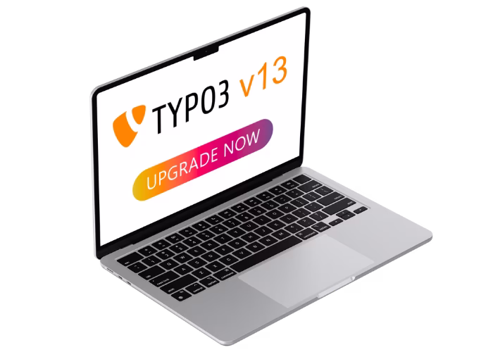 Laptop mit Bildschirmtext: TYPO3 v13 – Upgrade Now