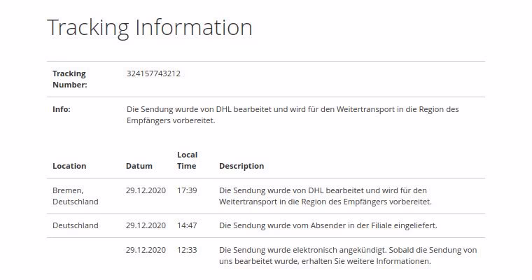 DHL Shipping & Magento, Advanced Features: Tracking history