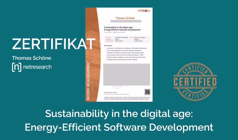 Zertifikat von Thomas Schöne, Netresearch im Bereich: Sustainability in the digital age: Energy-Efficient Software Development
