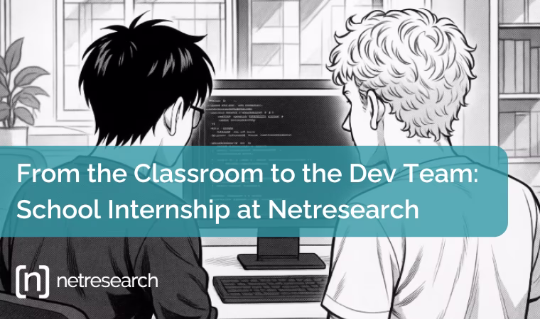 Netresearch blog article image: “From the Classroom to the Dev Team: School Internship at Netresearch” – background shows a black-and-white comic-style drawing of two boys looking at a computer screen with visible code.