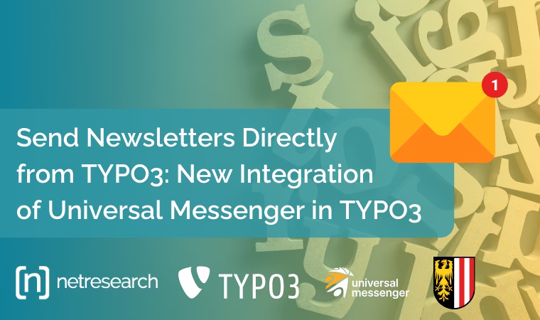 Netresearch blog article image: “Send newsletters directly from TYPO3 – New integration of Universal Messenger into TYPO3”, with blurred letters in the background symbolizing digital communication.