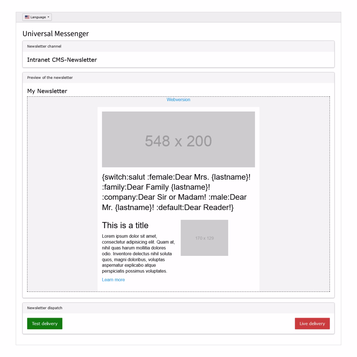 Newsletter-Erstellung mit dem Universal Messenger in TYPO3, geöffnete Eingabemaske im Backend