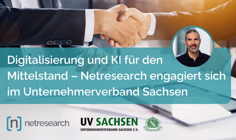Teaserbild Blogartikel Netresearch: Text "Digitalisierung und KI für den Mittelstand – Netresearch engagiert sich im Unternehmerverband Sachsen", Portraitfoto Thomas Fleck