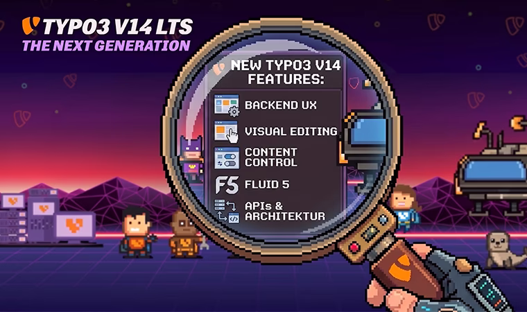Pixelart-Grafik im Retro-Stil zu TYPO3 v14 LTS mit der &Uuml;berschrift &bdquo;The Next Generation&ldquo;. In einer futuristischen Szene zeigt eine Lupe die wichtigsten Features: Backend UX, Visual Editing, Content Control, Fluid 5 sowie APIs & Architektur.
