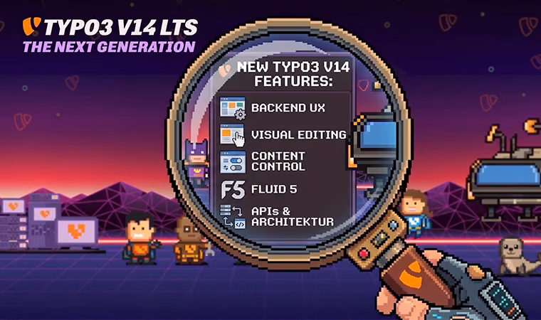 Pixelart-Grafik im Retro-Stil zu TYPO3 v14 LTS mit der Überschrift „The Next Generation“. In einer futuristischen Szene zeigt eine Lupe die wichtigsten Features: Backend UX, Visual Editing, Content Control, Fluid 5 sowie APIs & Architektur.
